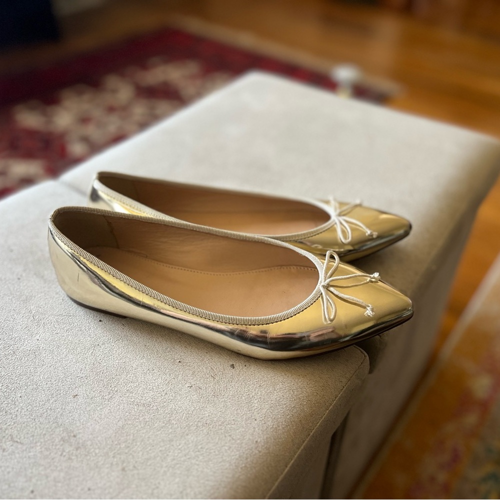 J. Crew Shiny Gold Flats with Bow Detail GEMMA